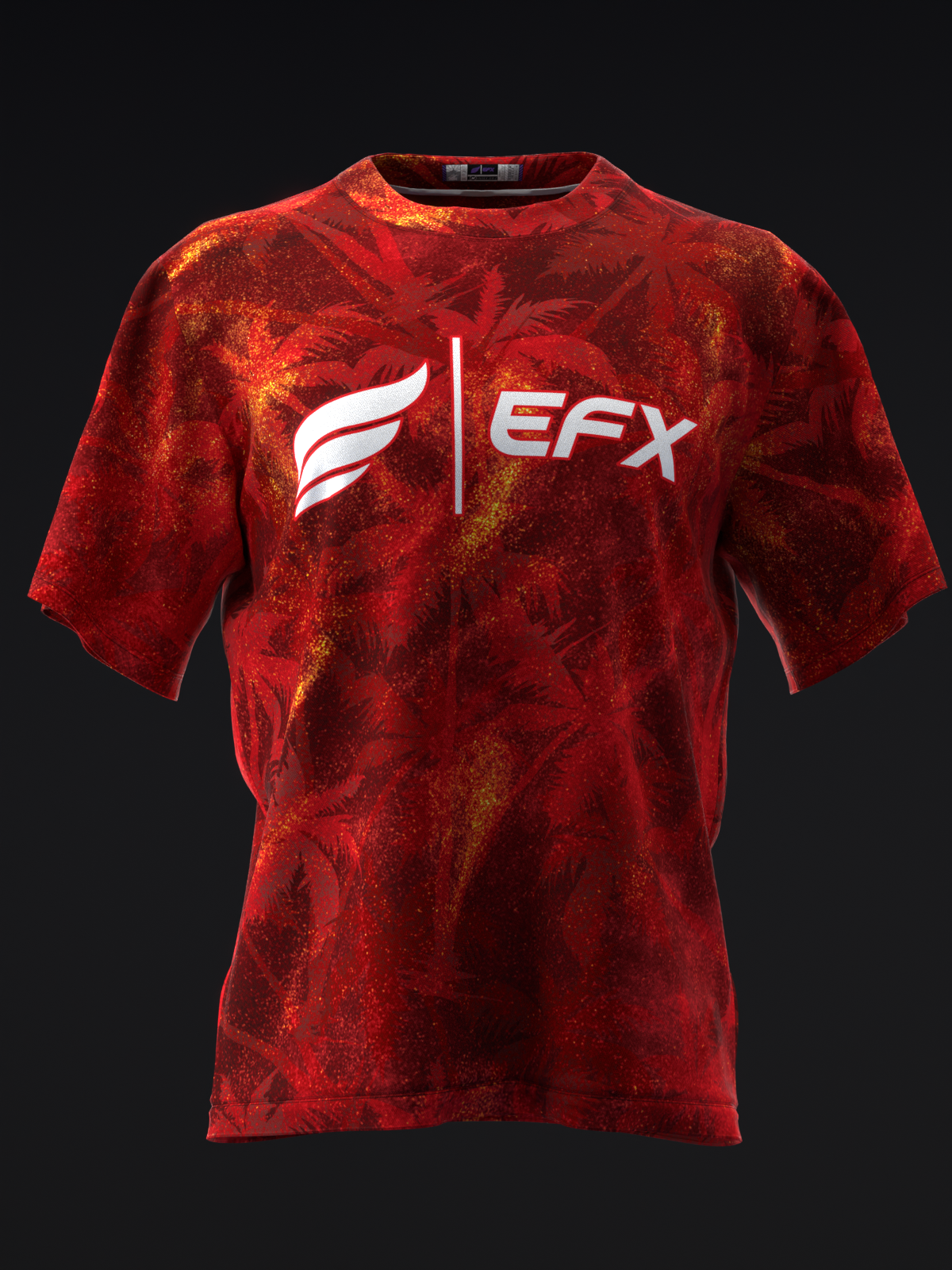 Red bowling jersey with abstract texture pattern and white EFX logo, front view