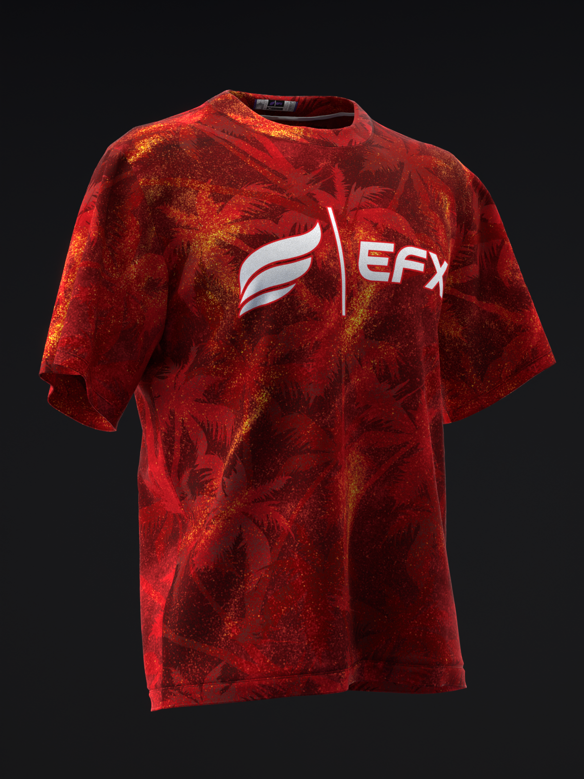 Red tie-dye bowling jersey with EFX logo and white wing graphic, front view