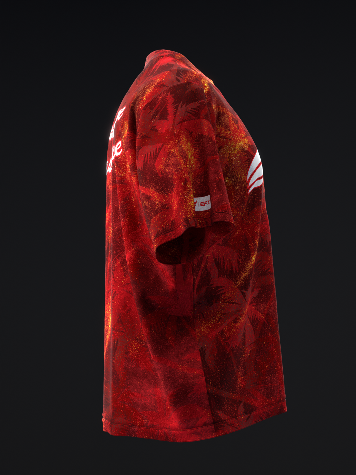 Red bowling jersey with abstract splatter pattern and white stripe detail, side view
