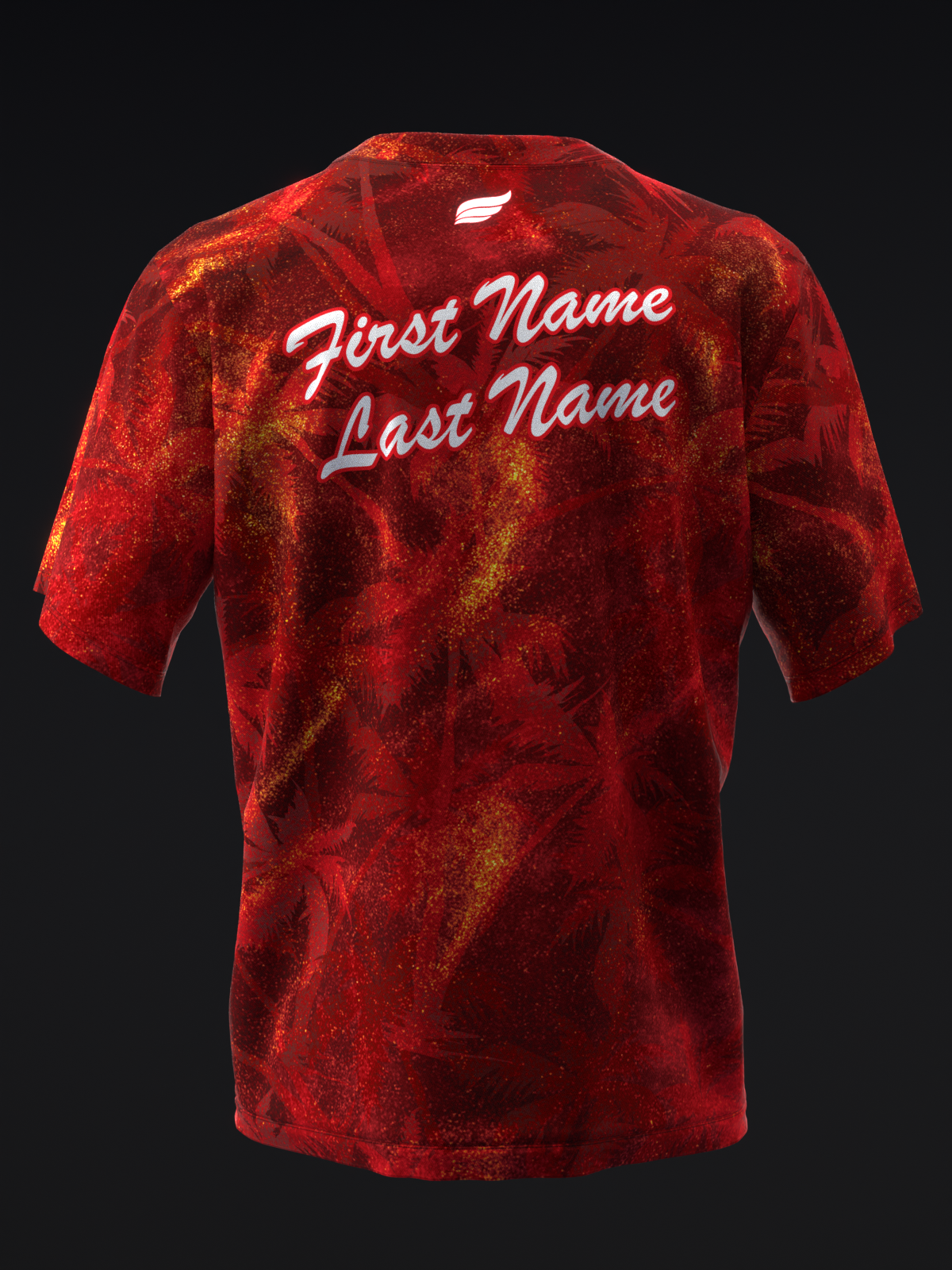 Red and gold textured bowling jersey with white script name text, back view