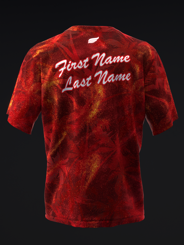 Red and gold textured bowling jersey with white script name text, back view