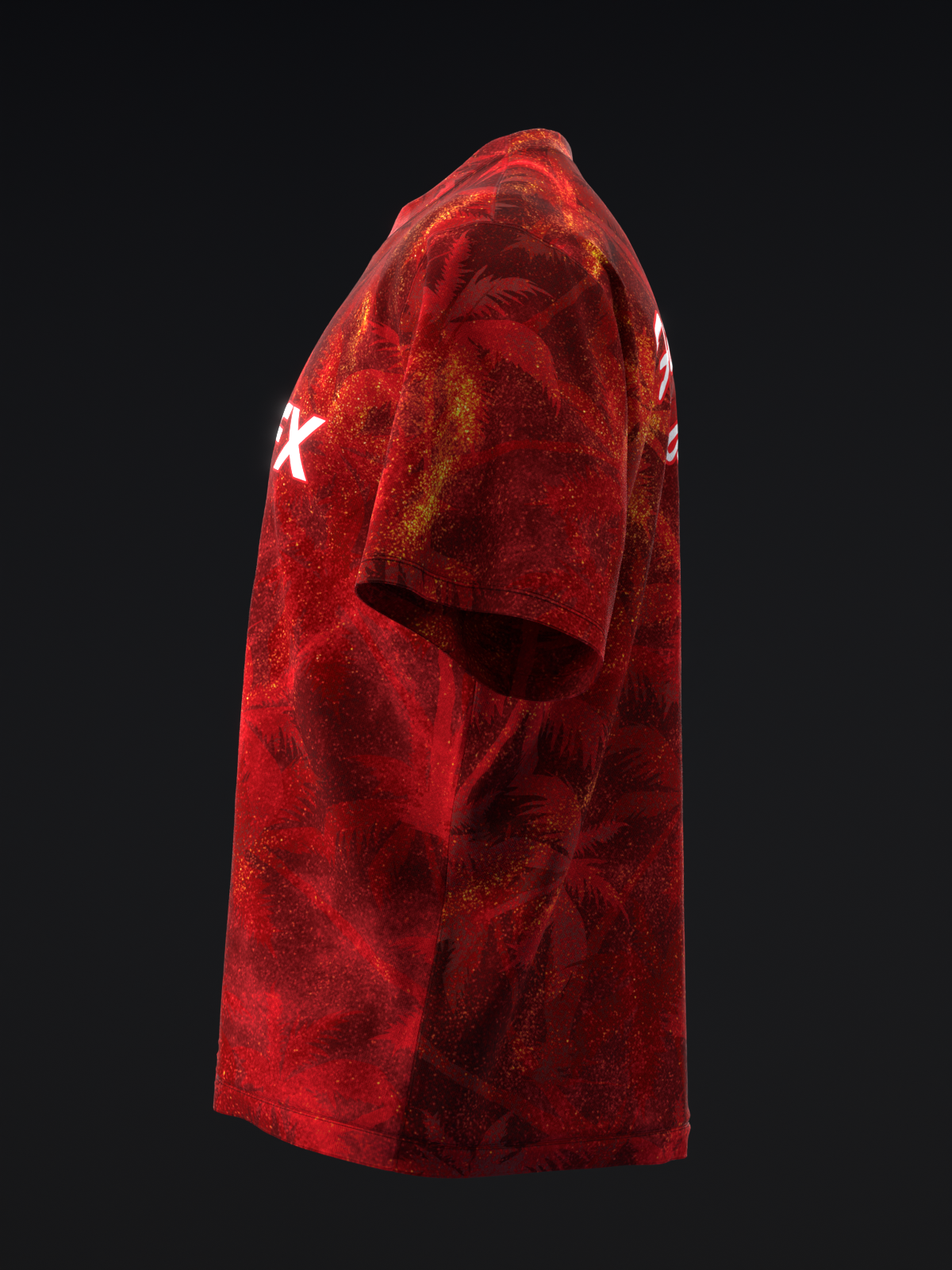 Red bowling jersey with white star graphic on sleeve, side view