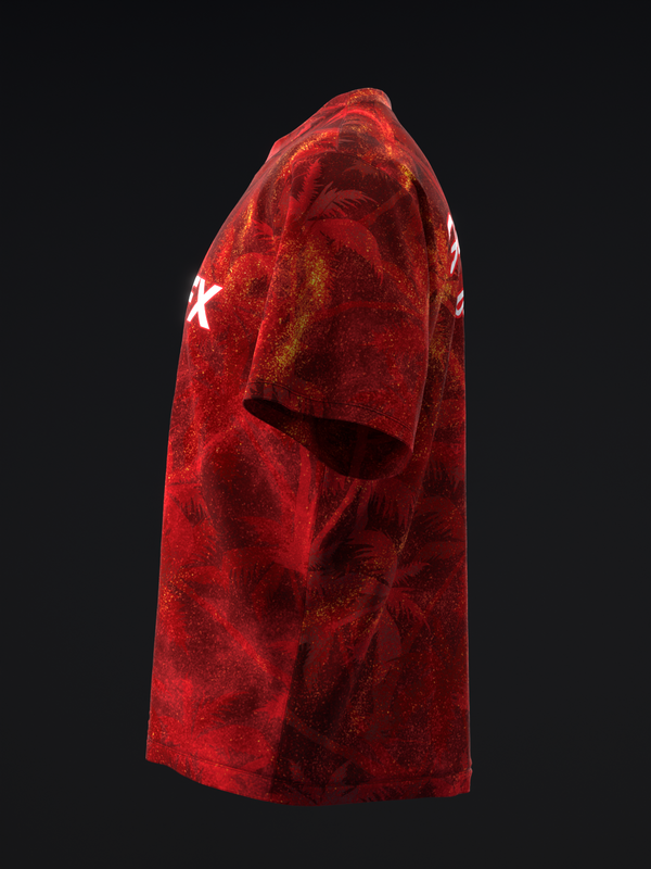 Red bowling jersey with white star graphic on sleeve, side view