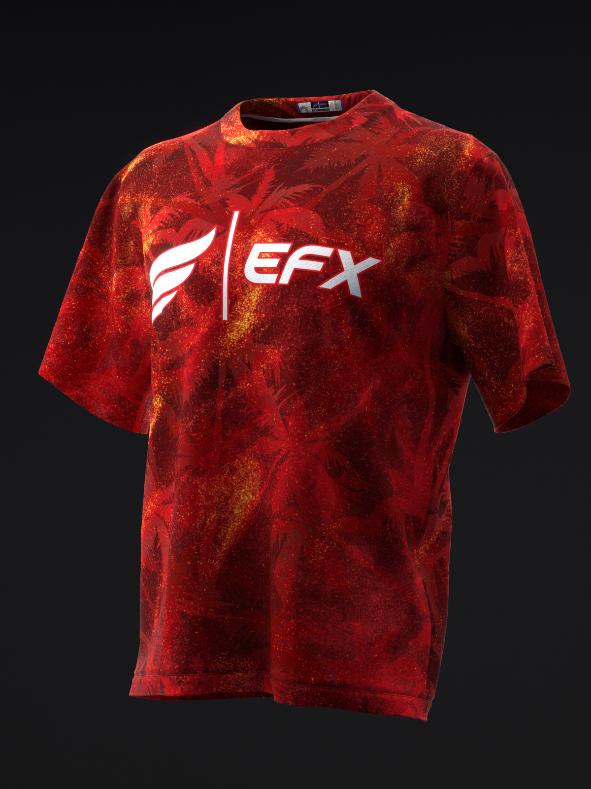Red velvet bowling jersey with EFX logo and abstract pattern, front view