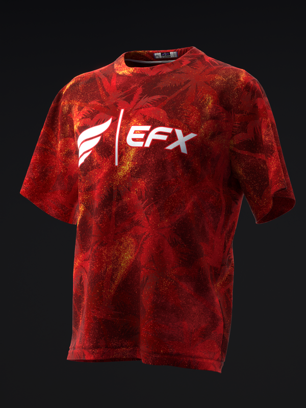 Red velvet bowling jersey with EFX logo and abstract pattern, front view