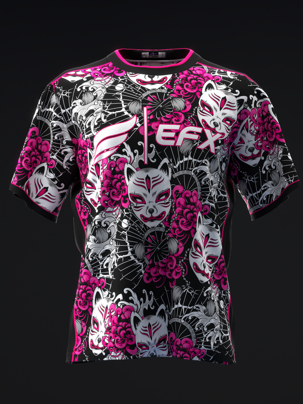 Black bowling jersey with hot pink, white, and gray kitsune mask and floral pattern, front view
