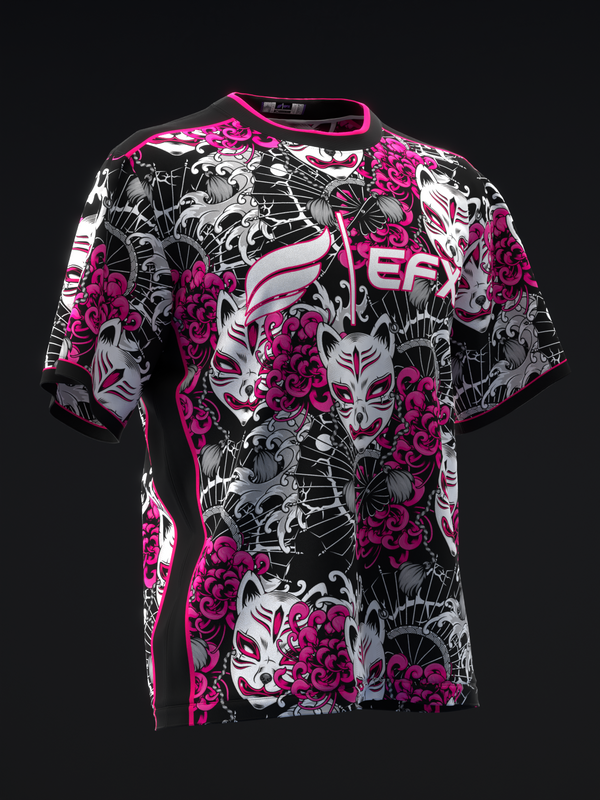 Black bowling jersey with pink, white, and gray floral and geometric pattern, front view