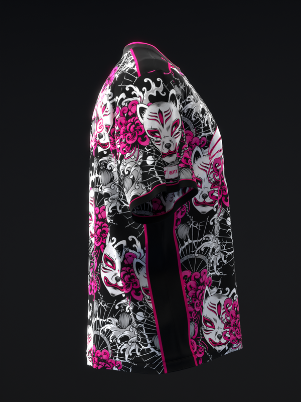 Black and pink bowling jersey with abstract fox and floral graphic design