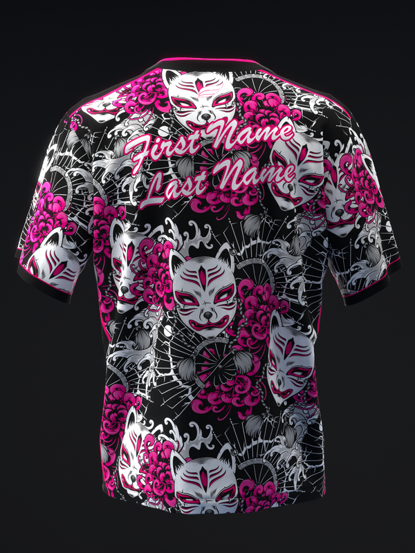 Black bowling jersey with pink floral and white kitsune mask pattern throughout