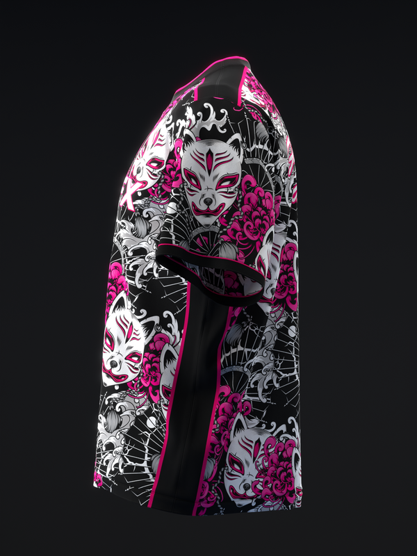 Black and pink bowling jersey with white Japanese mask and floral graphic design, front view