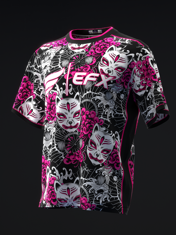 Black bowling jersey with pink neon trim and Japanese mask graphic design, front view