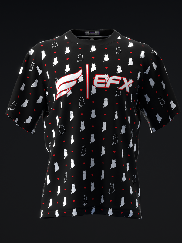 Black bowling jersey with white and gray cats, red hearts, and EFX logo front view