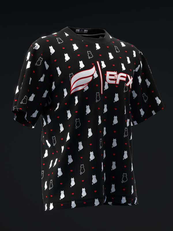 Black bowling jersey with white and outlined cat motifs, red hearts, and EFX logo