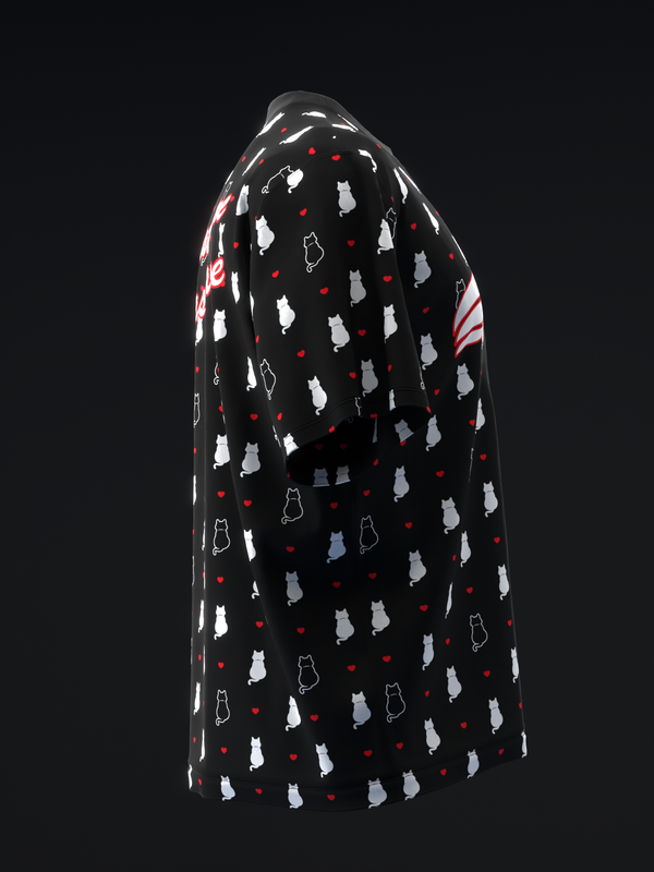Black bowling jersey with white cats, red hearts, and striped sleeves, back view