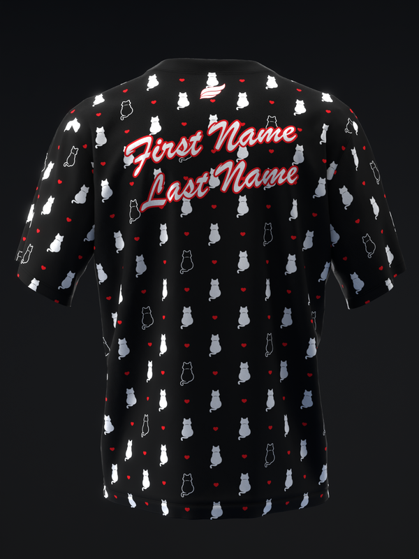 Black bowling jersey with white and gray cat outlines, red hearts, and personalized name text