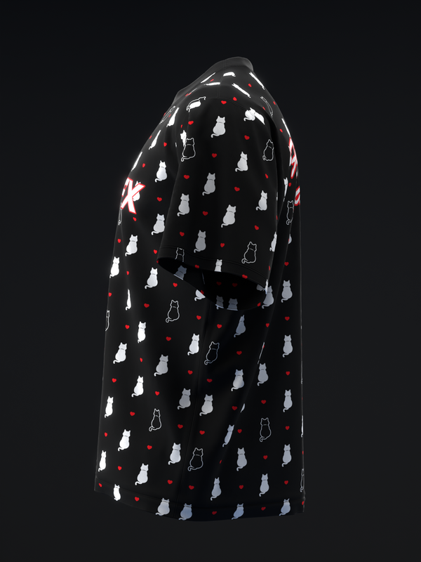 Black bowling jersey with white cats, red hearts, and outline cats pattern