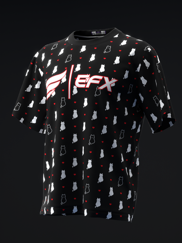 Black bowling jersey with white cat and red heart pattern, EFX logo front