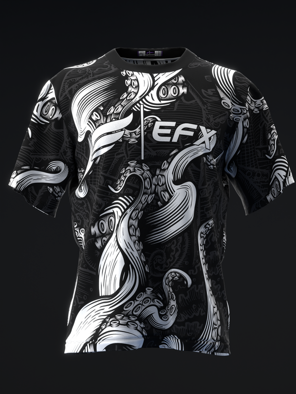 Black bowling jersey with white octopus and swirl graphic design, front view