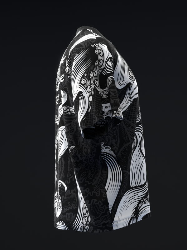 Black bowling jersey with white abstract tentacle and swirl graphic design, front view