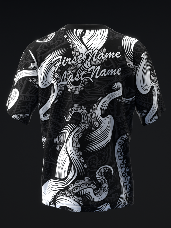 Black bowling jersey with white octopus graphic and customizable name text