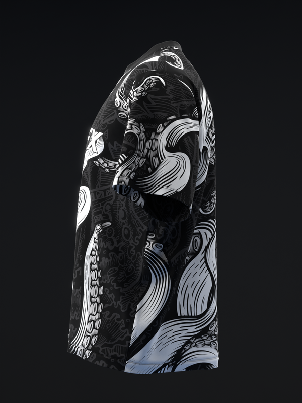 Black bowling jersey with white tentacle and swirling graphic design, front view