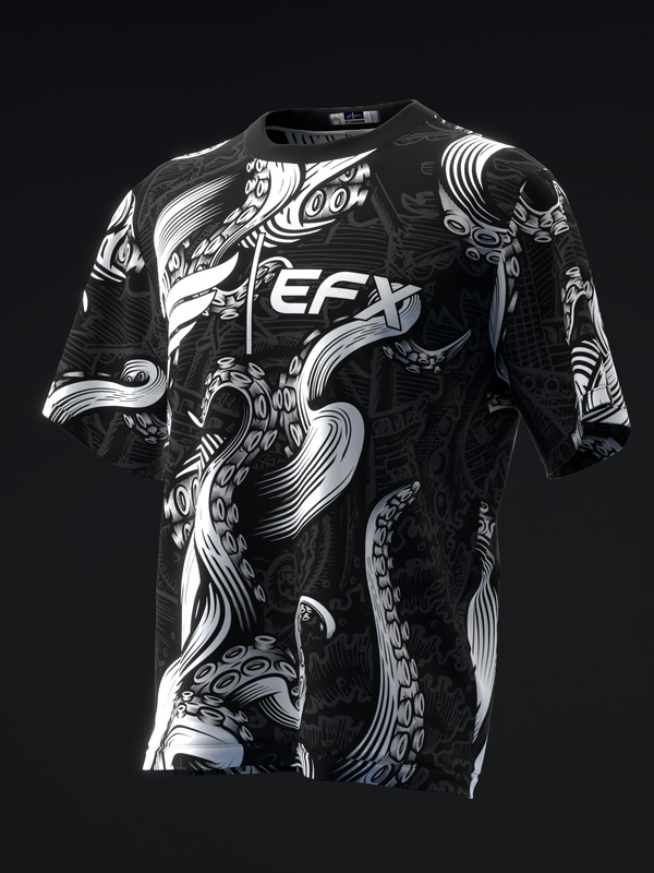Black bowling jersey with white abstract octopus and swirl graphic design front view