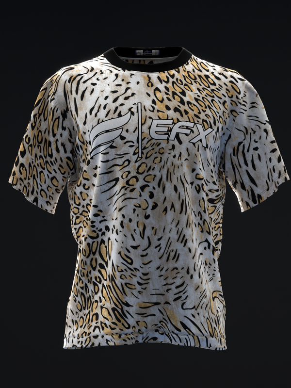 Front view bowling jersey with black and tan leopard print pattern and EFX logo