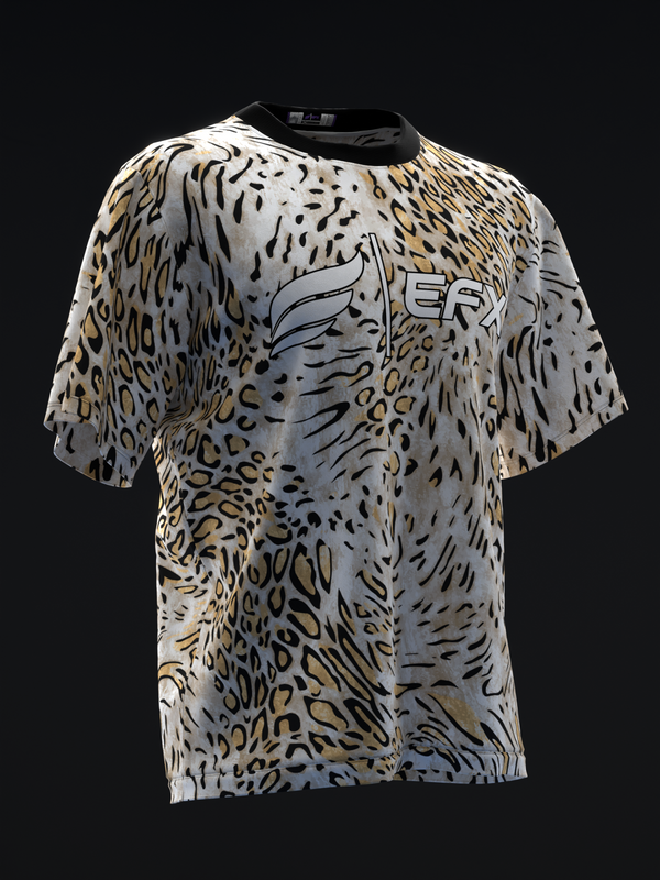 Cream and tan bowling jersey with black leopard print pattern and logo
