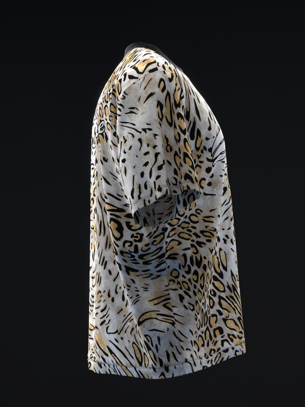 White bowling jersey with black and tan leopard print pattern, side view