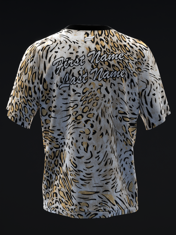 Black and tan leopard print bowling jersey, back view with script text