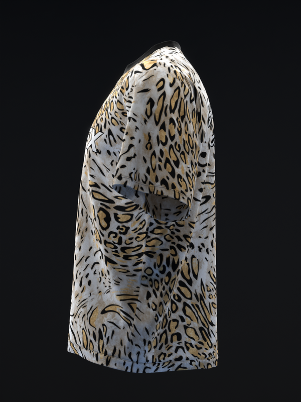 White bowling jersey with black and tan leopard print pattern, side view