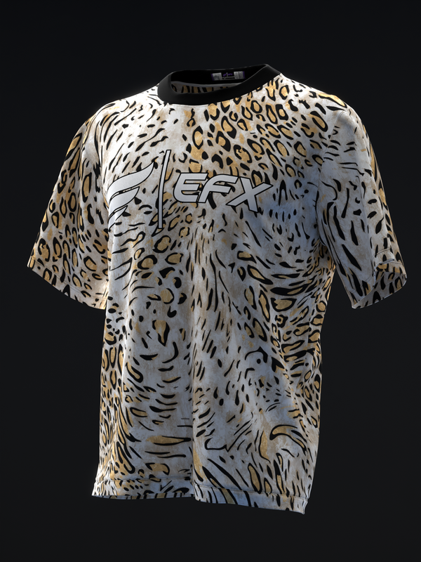 Black and tan leopard print bowling jersey, front view on mannequin