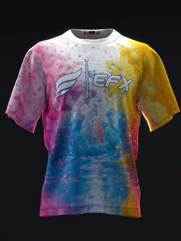 EFX bowling jersey with multicolor tie-dye splash pattern and logo, front view