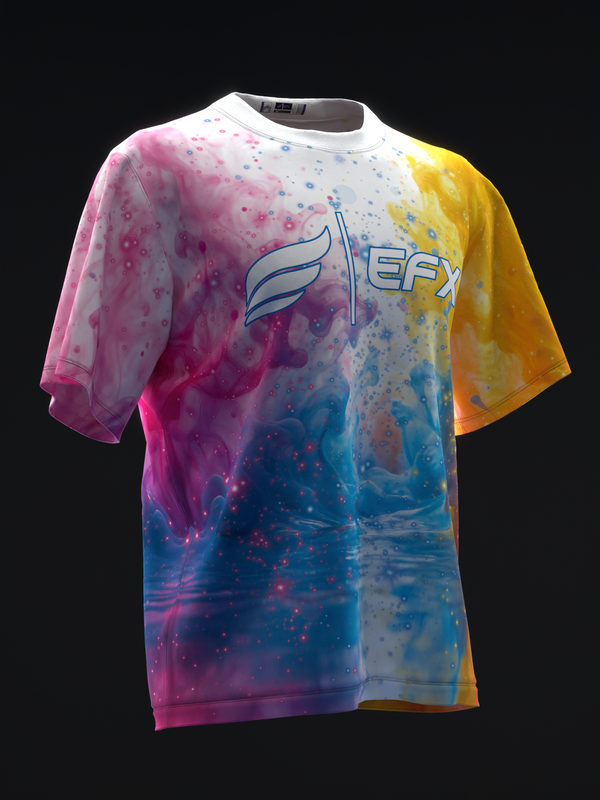 Front view of vibrant bowling jersey with multicolor watercolor splash design and EFX logo