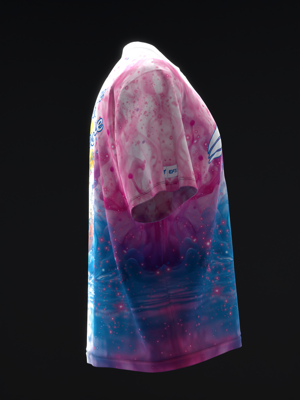 Bowling jersey with gradient pink and blue splatter pattern design, front view