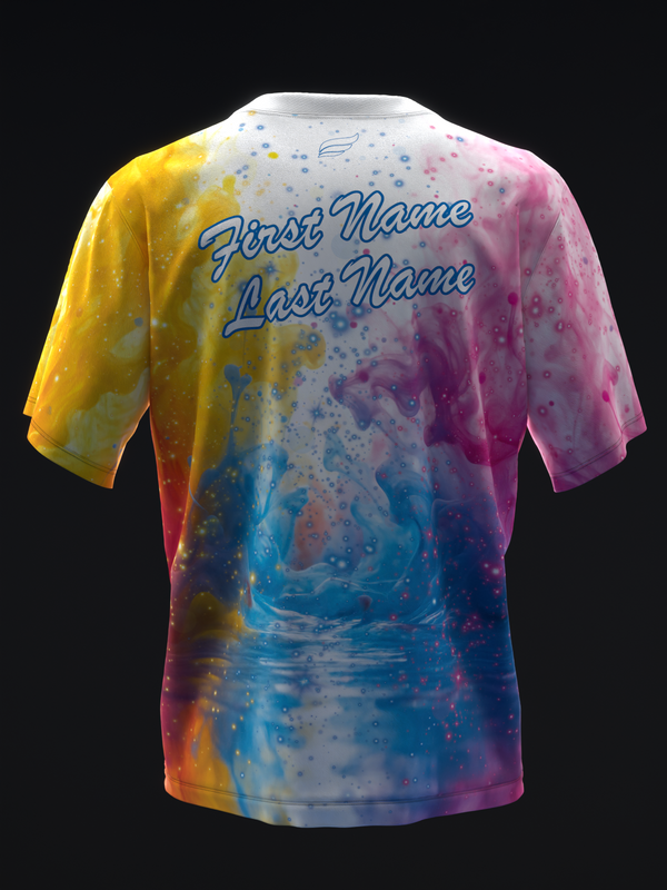 Back view of tie-dye bowling jersey with multicolor splash pattern and personalization text