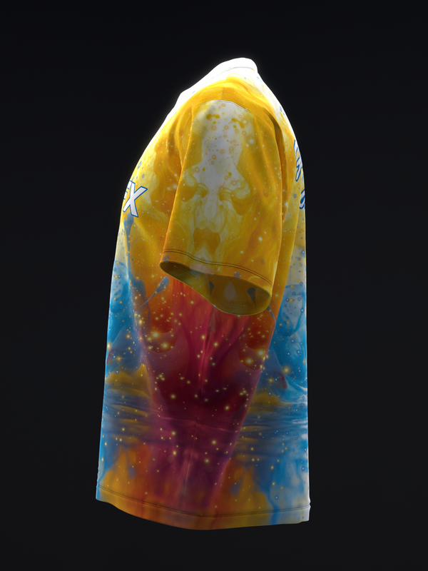 Yellow and blue bowling jersey with multicolored splatter design, side view