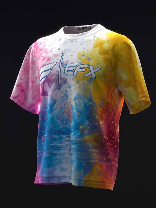 EFX bowling jersey with vibrant multicolor splash paint design, front view