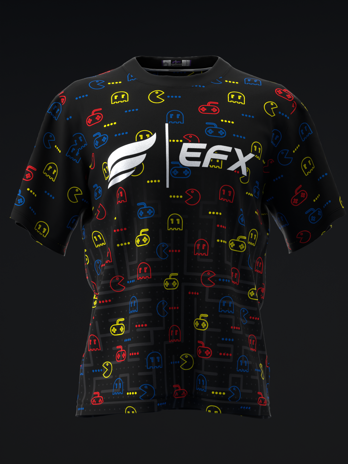 Black bowling jersey with retro arcade game pattern in red, blue, and yellow