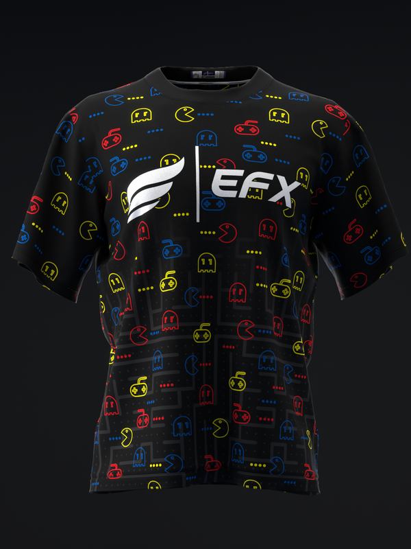 Black bowling jersey with retro arcade game pattern in red, blue, and yellow