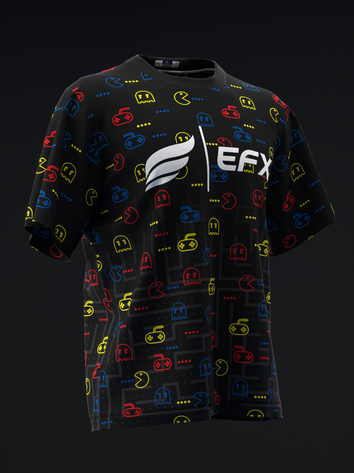 Black bowling jersey with retro arcade game pattern in red, blue, and yellow