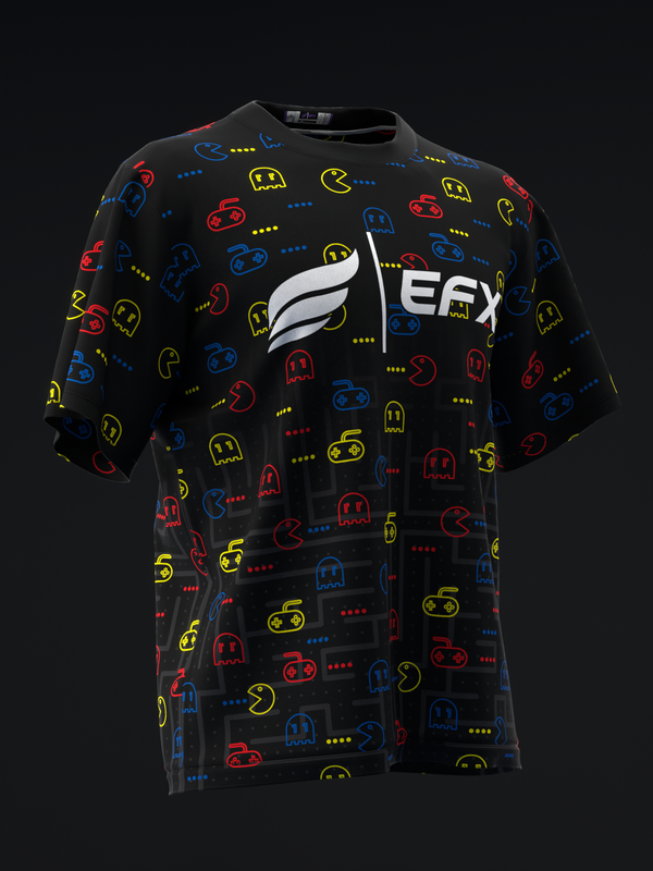 Black bowling jersey with retro arcade game pattern in red, blue, and yellow