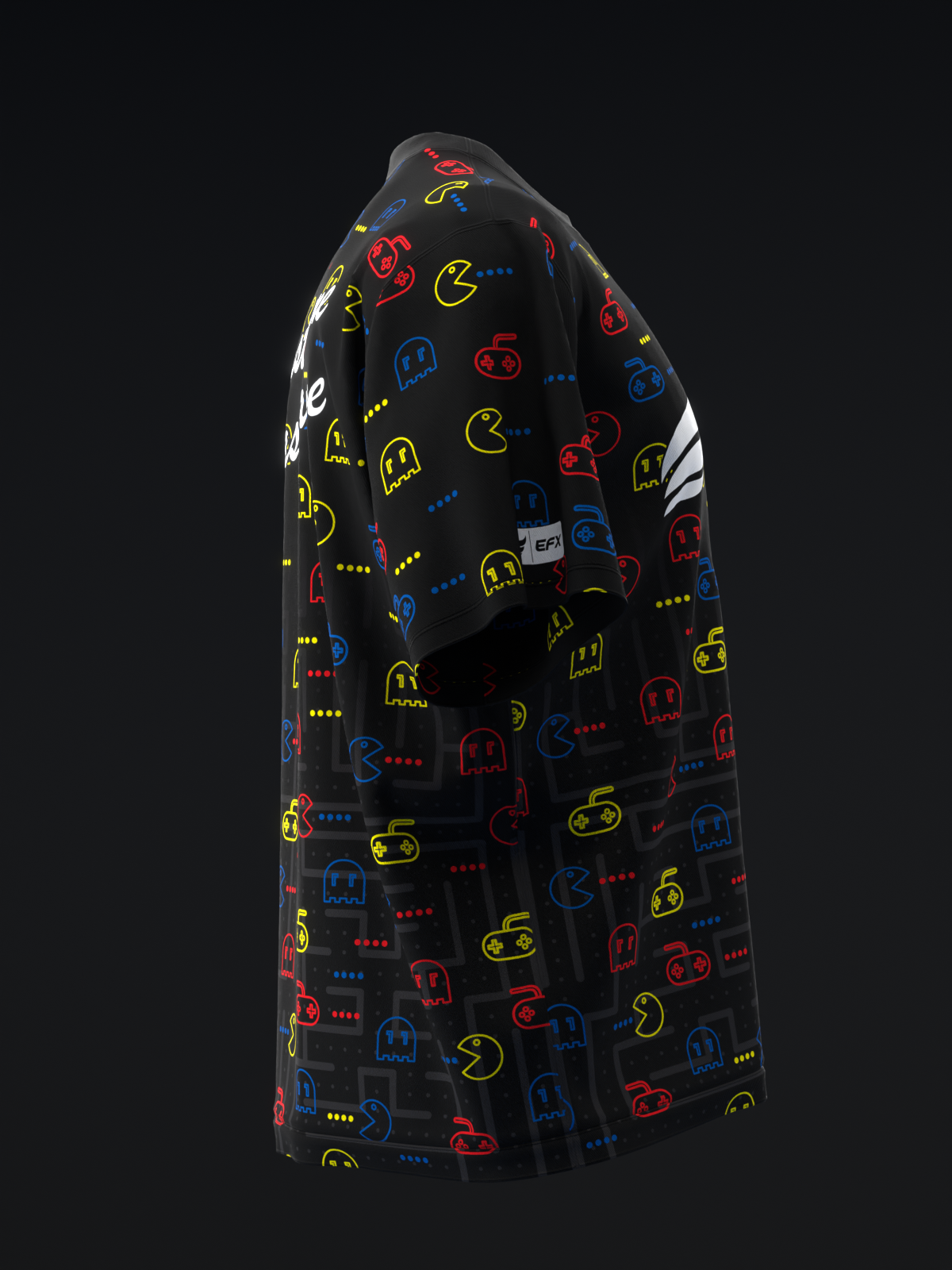 Black bowling jersey with colorful retro arcade game character pattern, back view