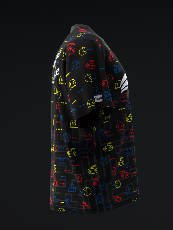 Black bowling jersey with colorful retro arcade game character pattern, back view
