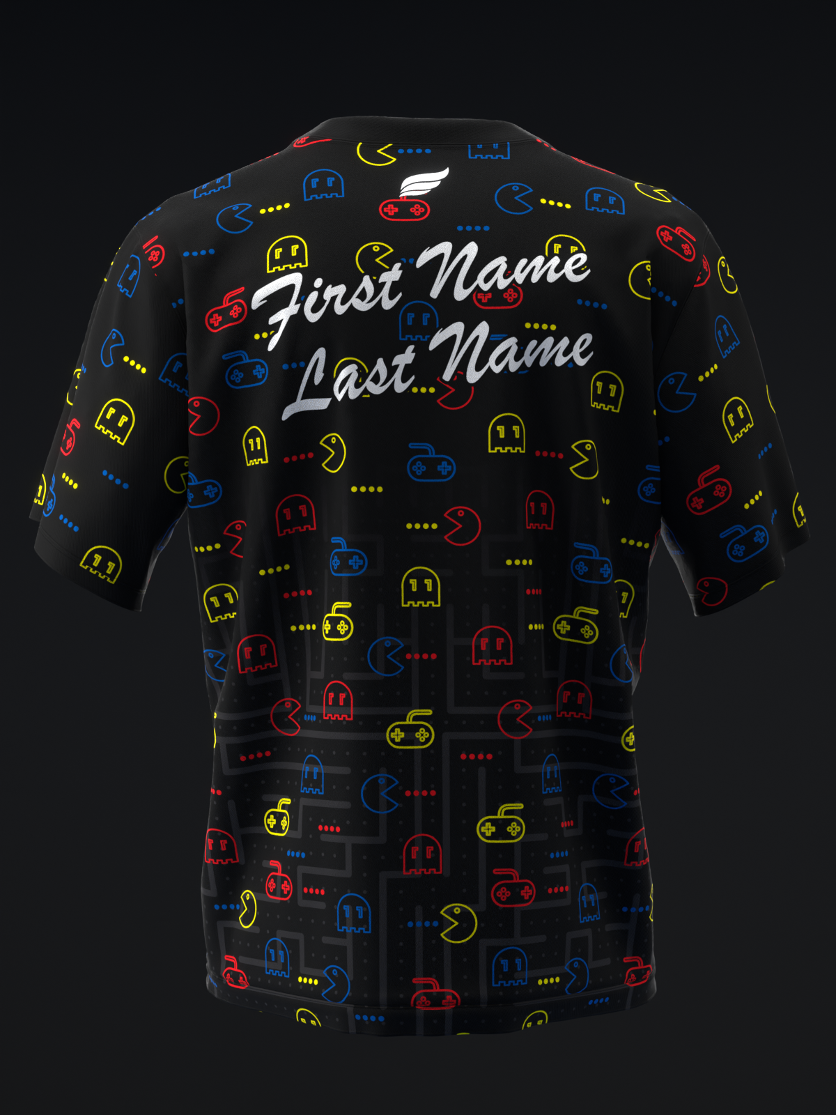 Black bowling jersey with colorful retro arcade game pattern and personalization text
