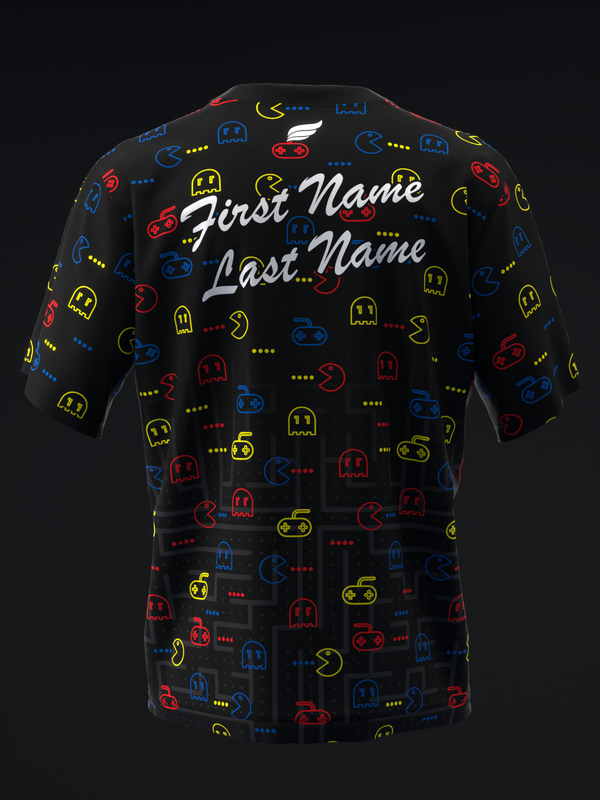 Black bowling jersey with colorful retro arcade game pattern and personalization text