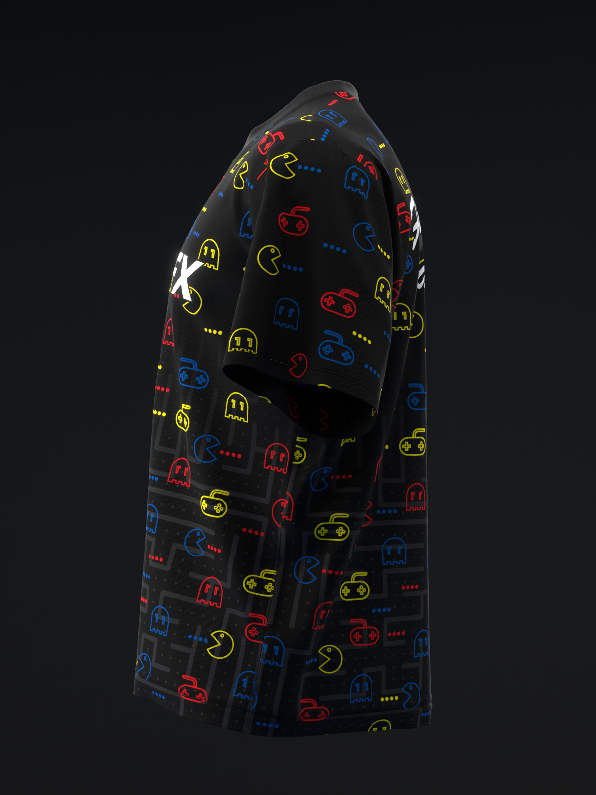 Black bowling jersey with colorful neon arcade game pattern, side view