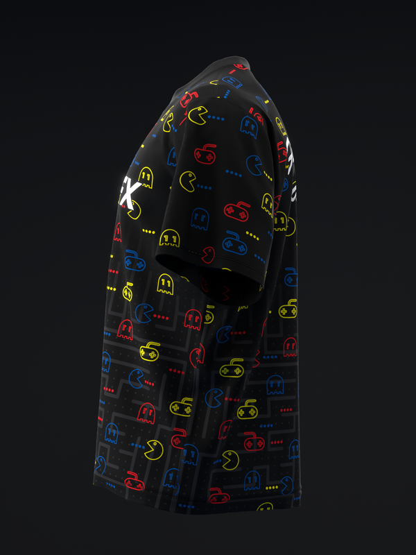 Black bowling jersey with colorful neon arcade game pattern, side view