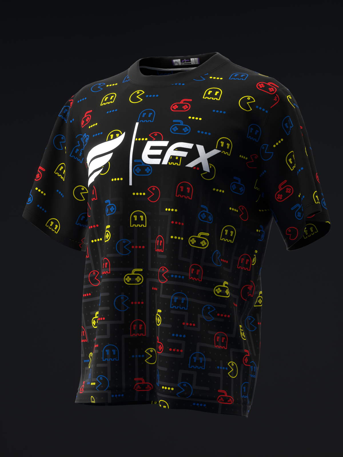 Black bowling jersey with colorful retro arcade game pattern and EFX logo, front view