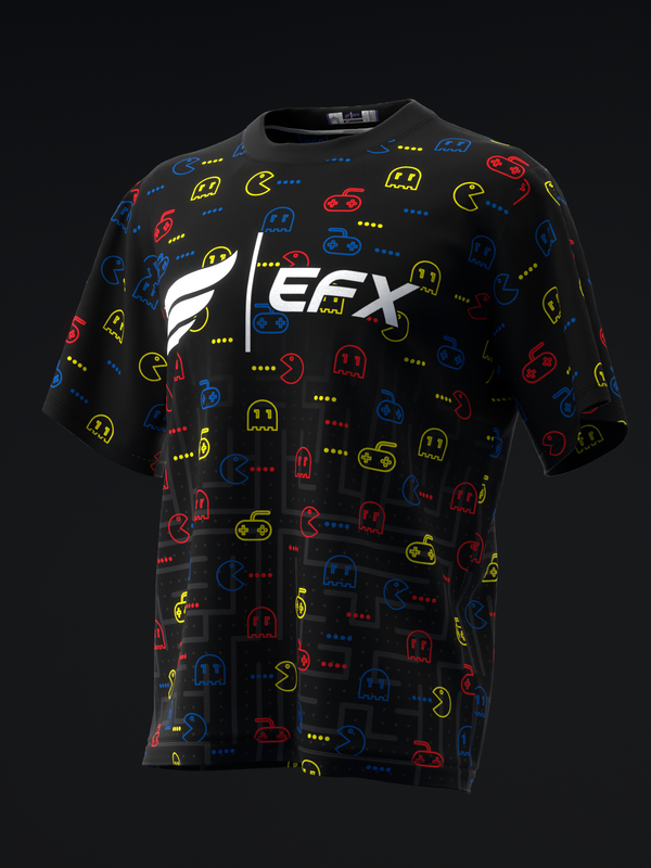 Black bowling jersey with colorful retro arcade game pattern and EFX logo, front view